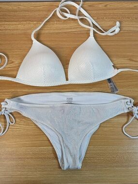 PINK Victoria's Secret White Shimmer Ribbed Triangle Bikini